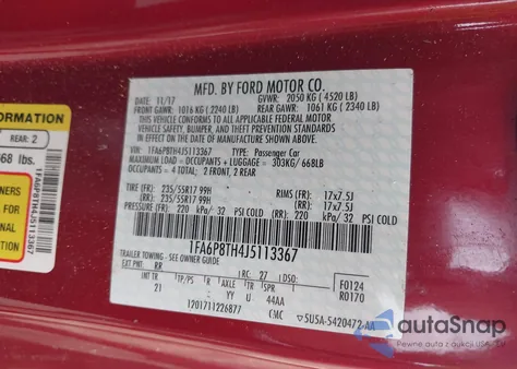 2018 Ford Mustang Ecoboost z USA, uszkodzony, nr VIN 1FA6P8TH4J5113367